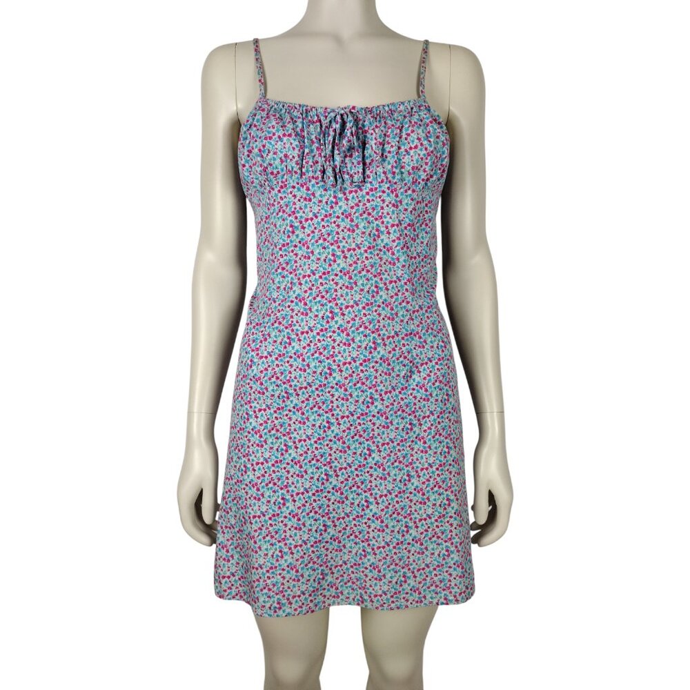 Vintage 1990s Calico Floral Spaghetti Strap Ruched Bust Mini Dress Size L/XL